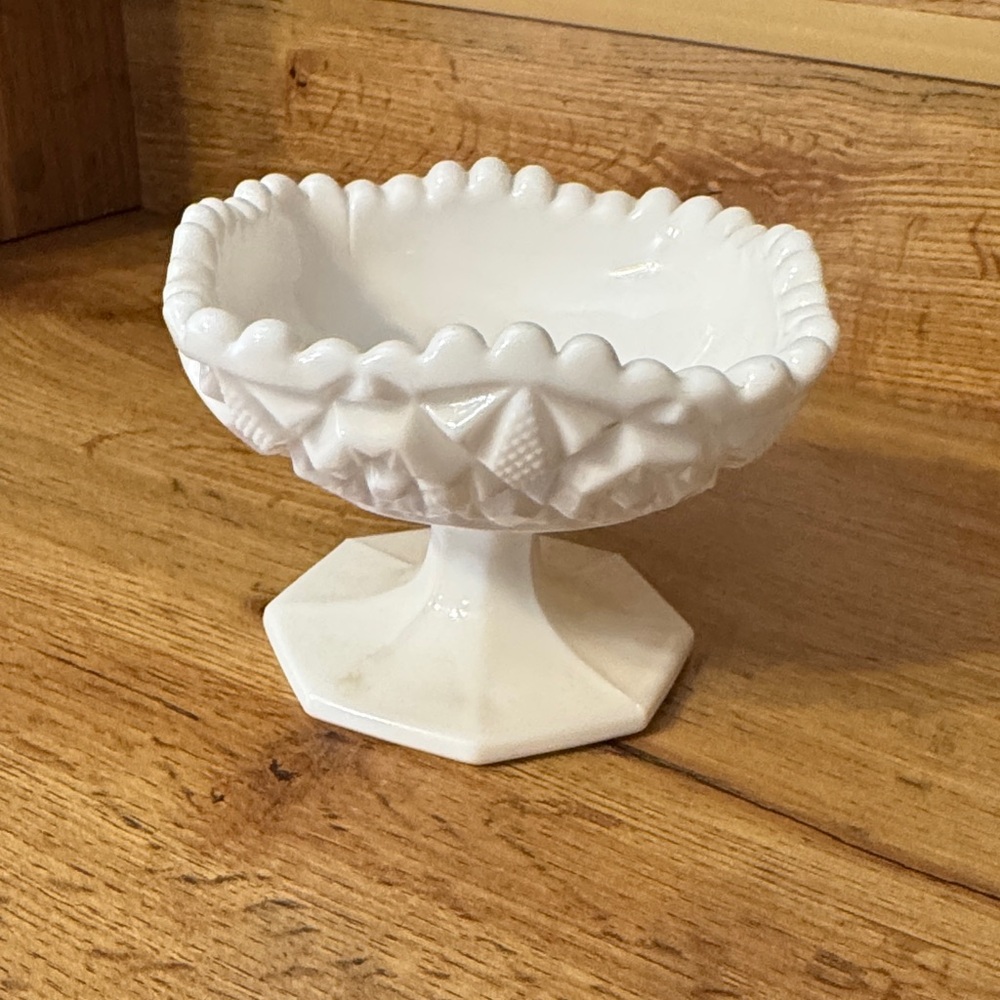 Vintage Kemple White Milk Glass Pedestal Hobstar Pattern Bowl